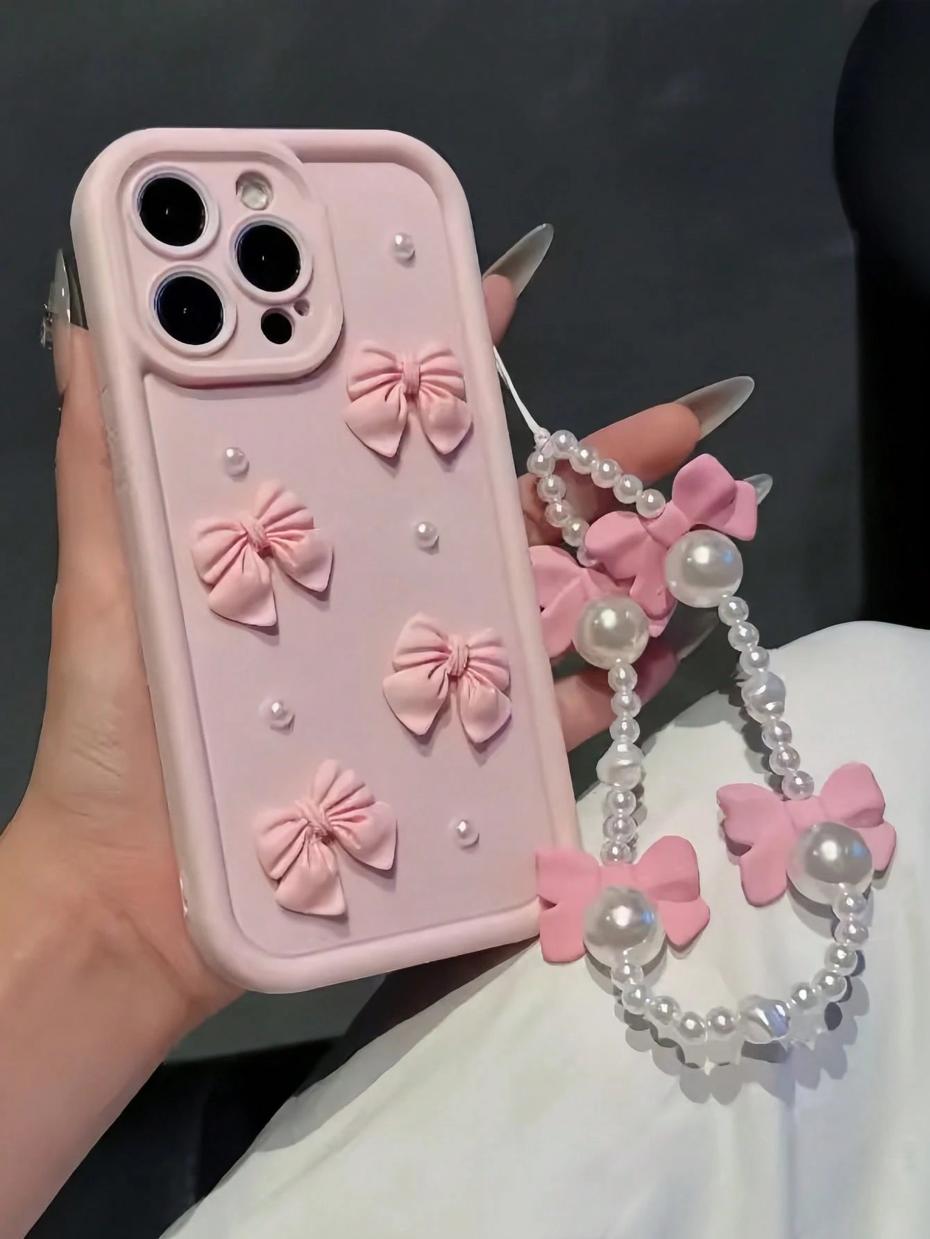 Cute Pink Luxury Bow Element Fashion 3D Pearls Phone Premium Case 1pc Shockproof Protective Cover Compatible With Apple 16/16Pro/16E/15/14/13/12 Pro Max Plus/11/XR For Women Waterproof Anti-Fall Scrat