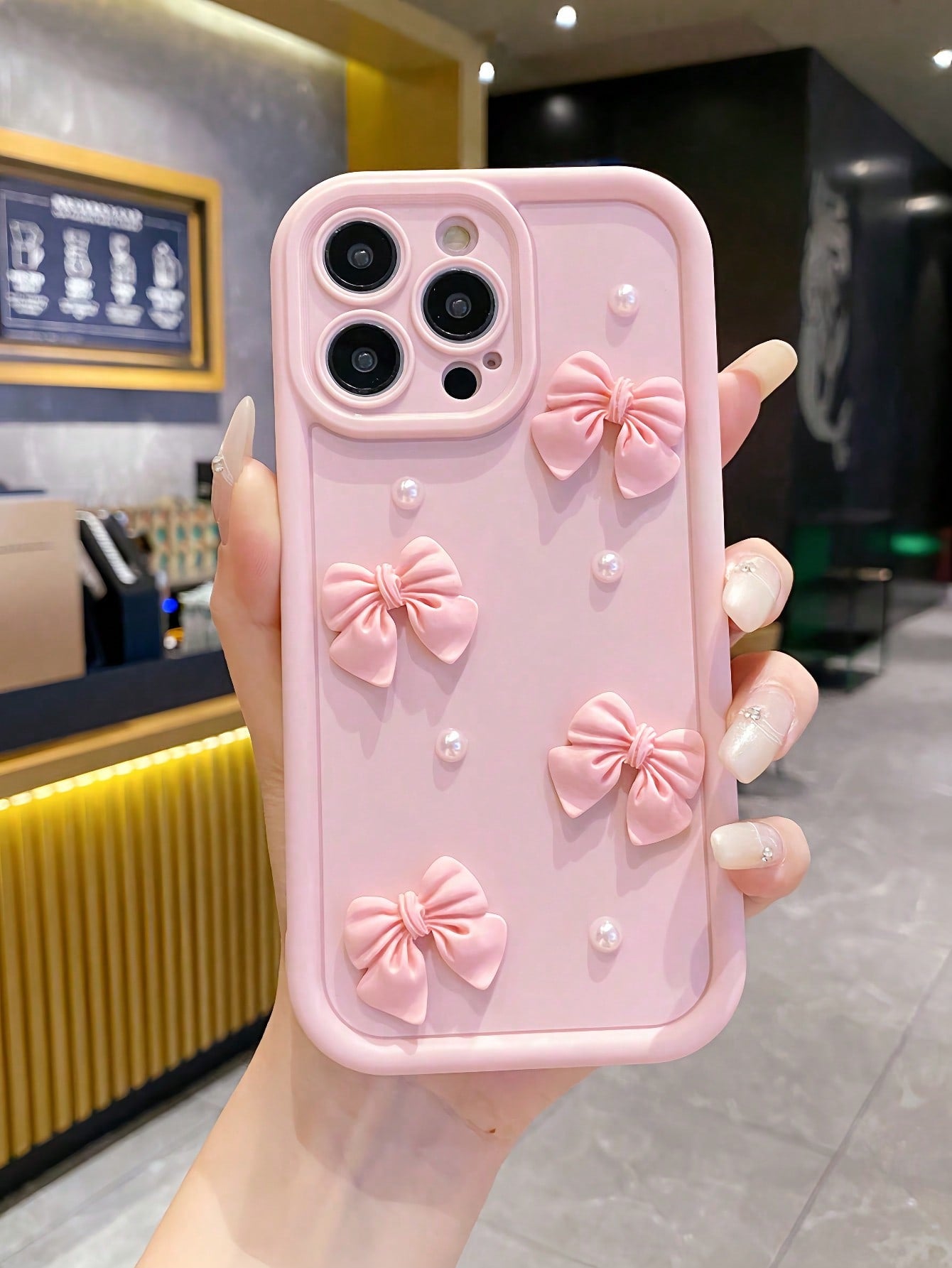 Cute Pink Luxury Bow Element Fashion 3D Pearls Phone Premium Case 1pc Shockproof Protective Cover Compatible With Apple 16/16Pro/16E/15/14/13/12 Pro Max Plus/11/XR For Women Waterproof Anti-Fall Scrat