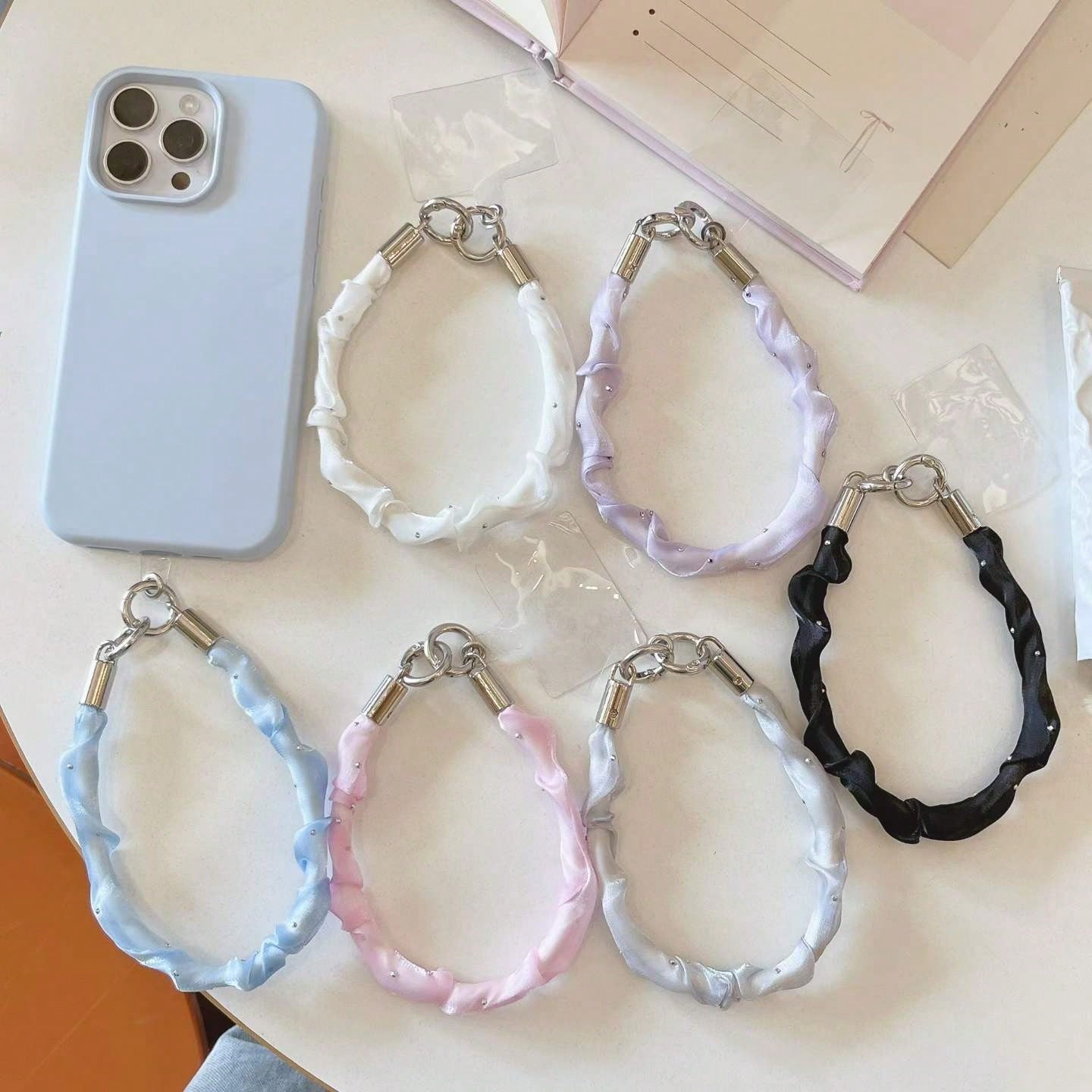 Cute Satin Ruched Phone Wrist Strap, Rhinestone Decor Soft Fabric Phone Lanyard With Connector Tab, Elegant Portable Phone Charm For Women Girls, Multicolor Options