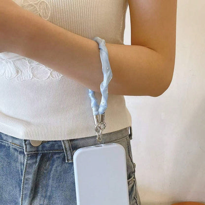 Cute Satin Ruched Phone Wrist Strap, Rhinestone Decor Soft Fabric Phone Lanyard With Connector Tab, Elegant Portable Phone Charm For Women Girls, Multicolor Options