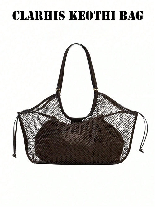Dark Brown Mesh Hollow Tote Bag With Inner Drawstring Pouch, Smooth Faux PU Top Handles Large Shoulder Bag For Beach Vacation Shopping