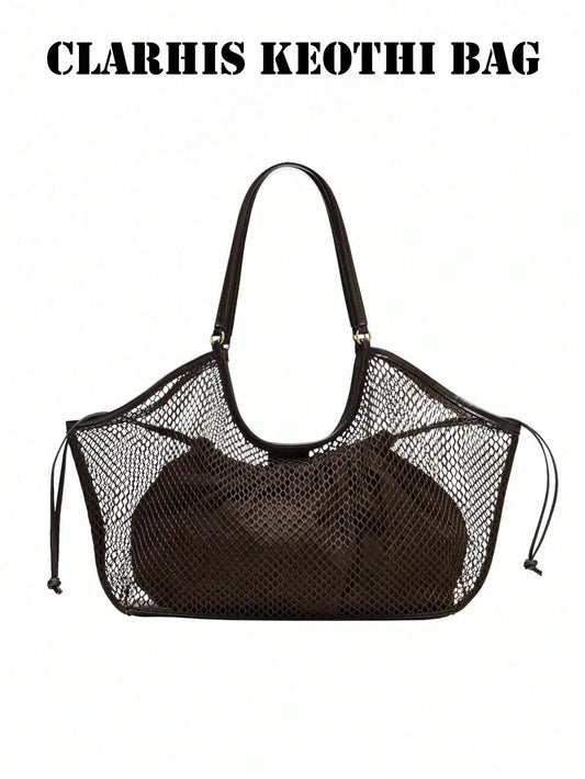 Dark Brown Mesh Hollow Tote Bag With Inner Drawstring Pouch, Smooth Faux PU Top Handles Large Shoulder Bag For Beach Vacation Shopping