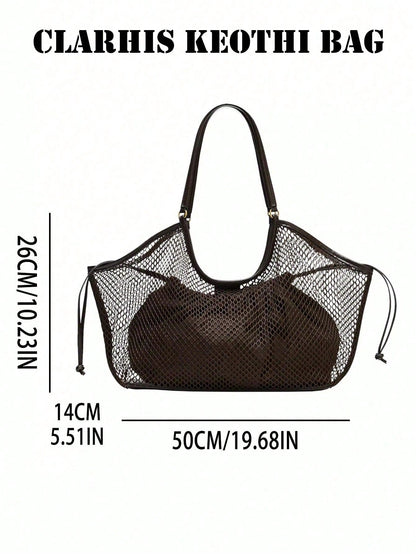 Dark Brown Mesh Hollow Tote Bag With Inner Drawstring Pouch, Smooth Faux PU Top Handles Large Shoulder Bag For Beach Vacation Shopping