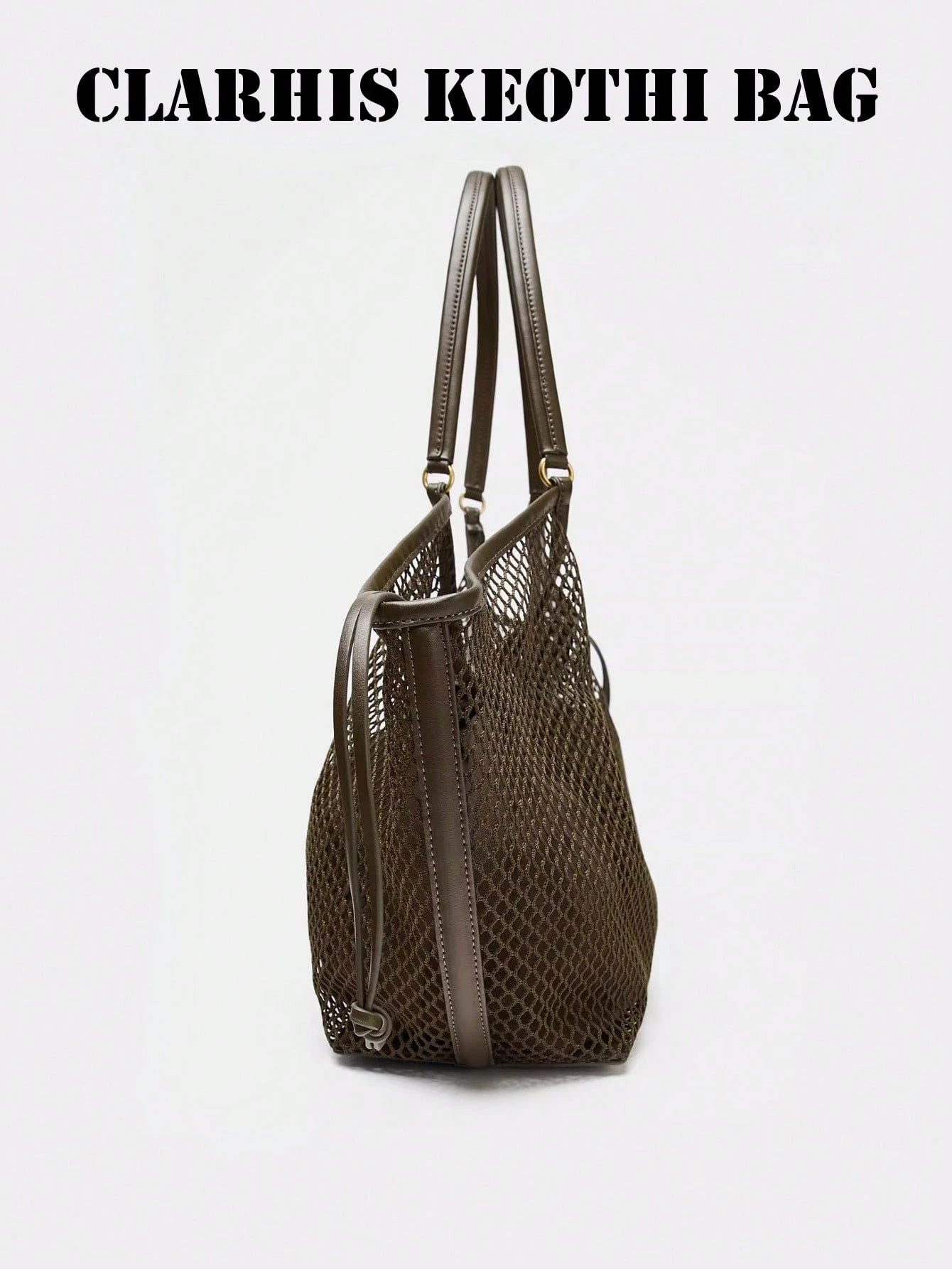 Dark Brown Mesh Hollow Tote Bag With Inner Drawstring Pouch, Smooth Faux PU Top Handles Large Shoulder Bag For Beach Vacation Shopping