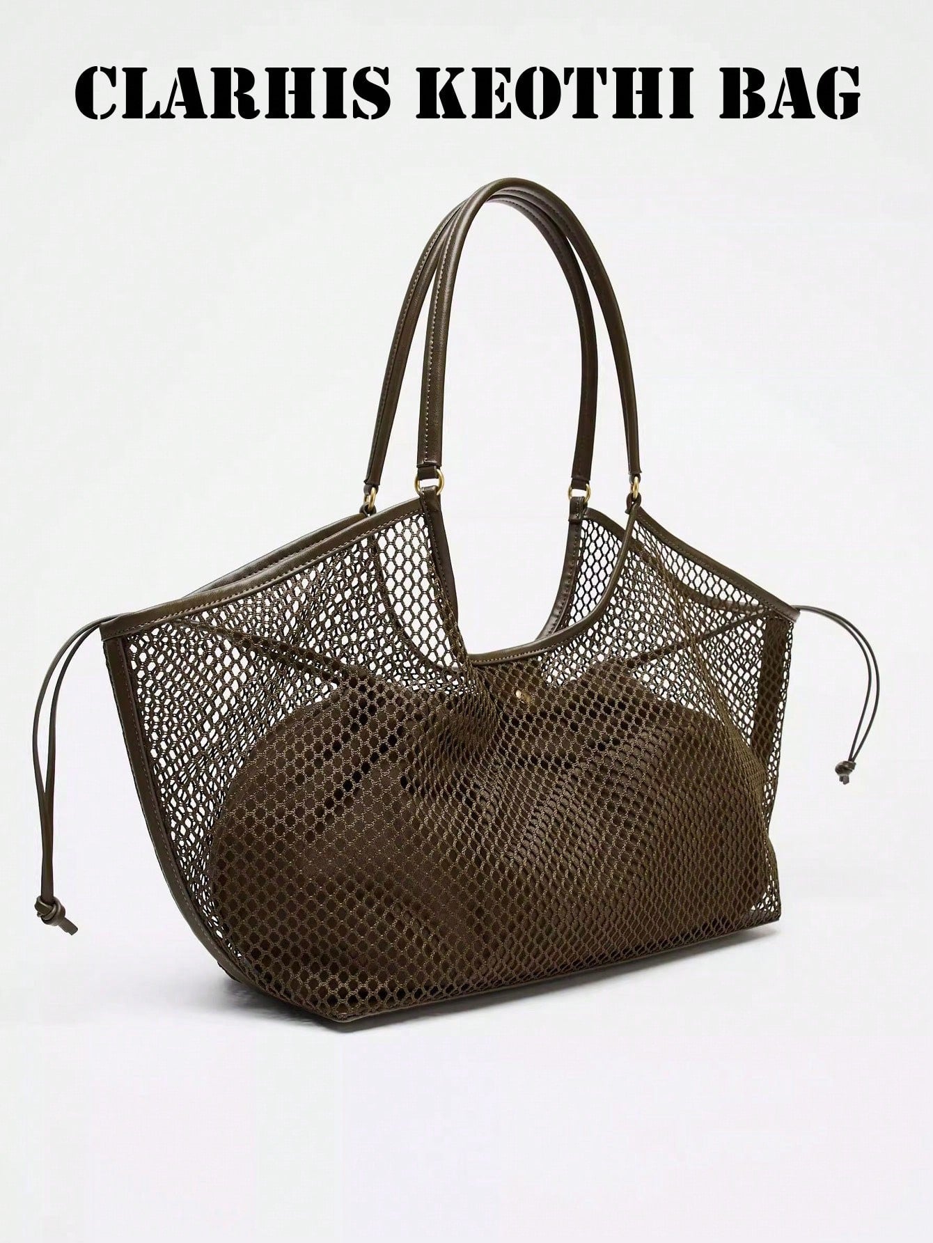 Dark Brown Mesh Hollow Tote Bag With Inner Drawstring Pouch, Smooth Faux PU Top Handles Large Shoulder Bag For Beach Vacation Shopping
