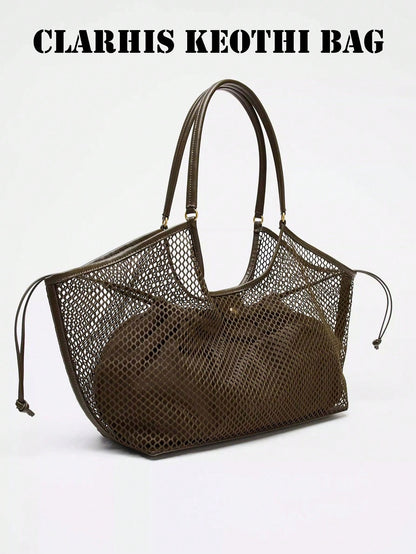 Dark Brown Mesh Hollow Tote Bag With Inner Drawstring Pouch, Smooth Faux PU Top Handles Large Shoulder Bag For Beach Vacation Shopping