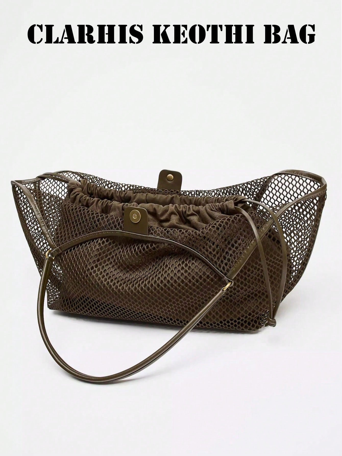Dark Brown Mesh Hollow Tote Bag With Inner Drawstring Pouch, Smooth Faux PU Top Handles Large Shoulder Bag For Beach Vacation Shopping