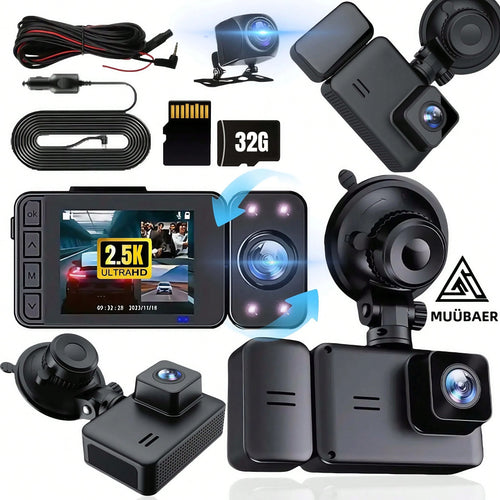 Dash Camera For Cars, 1600P Dual Dash Cam With Front & Interior Recording- IR Night Vision, Loop Recording, Wide-Angle DVR, 2.0-Inch IPS Screen, Car Dashboard Recorder (Optional 32GB Card Included)