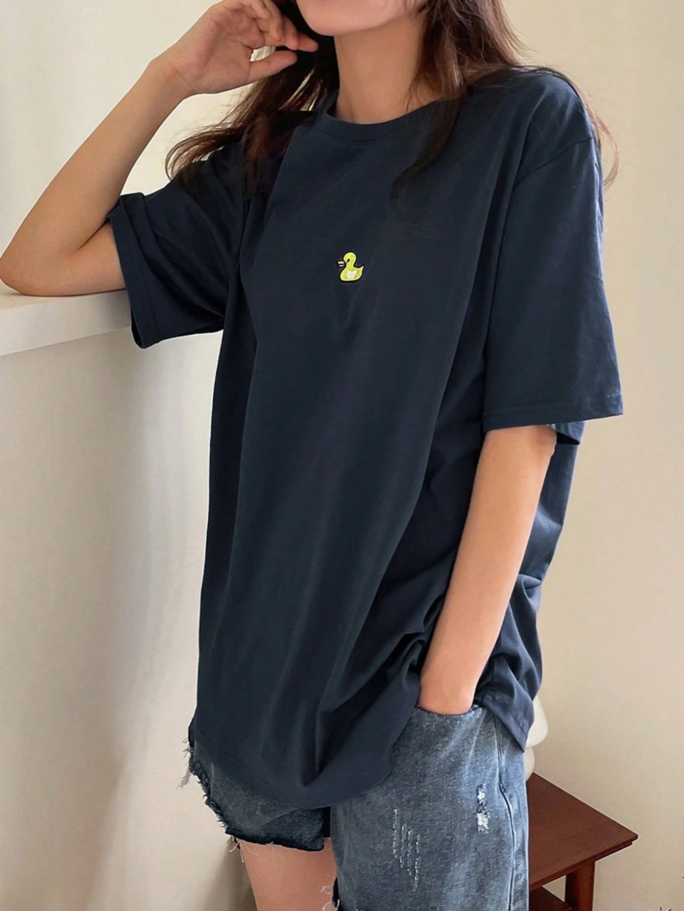 DAZY Duck Embroidery Drop Shoulder Tee Summer Oversized T-Shirt