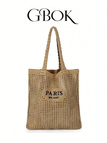 DAZY Knitted Shoulder Bag, Versatile Beach Tote Bag With Embroidered Hollow Letter Design, Casual Travel, Beach Bag,Straw Bag
