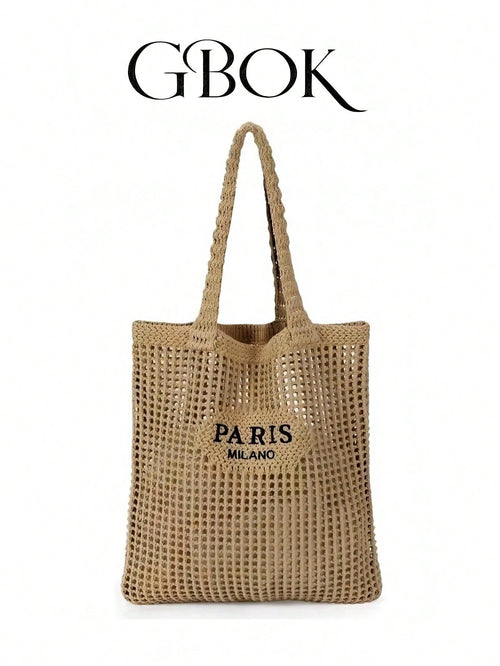 DAZY Knitted Shoulder Bag, Versatile Beach Tote Bag With Embroidered Hollow Letter Design, Casual Travel, Beach Bag,Straw Bag