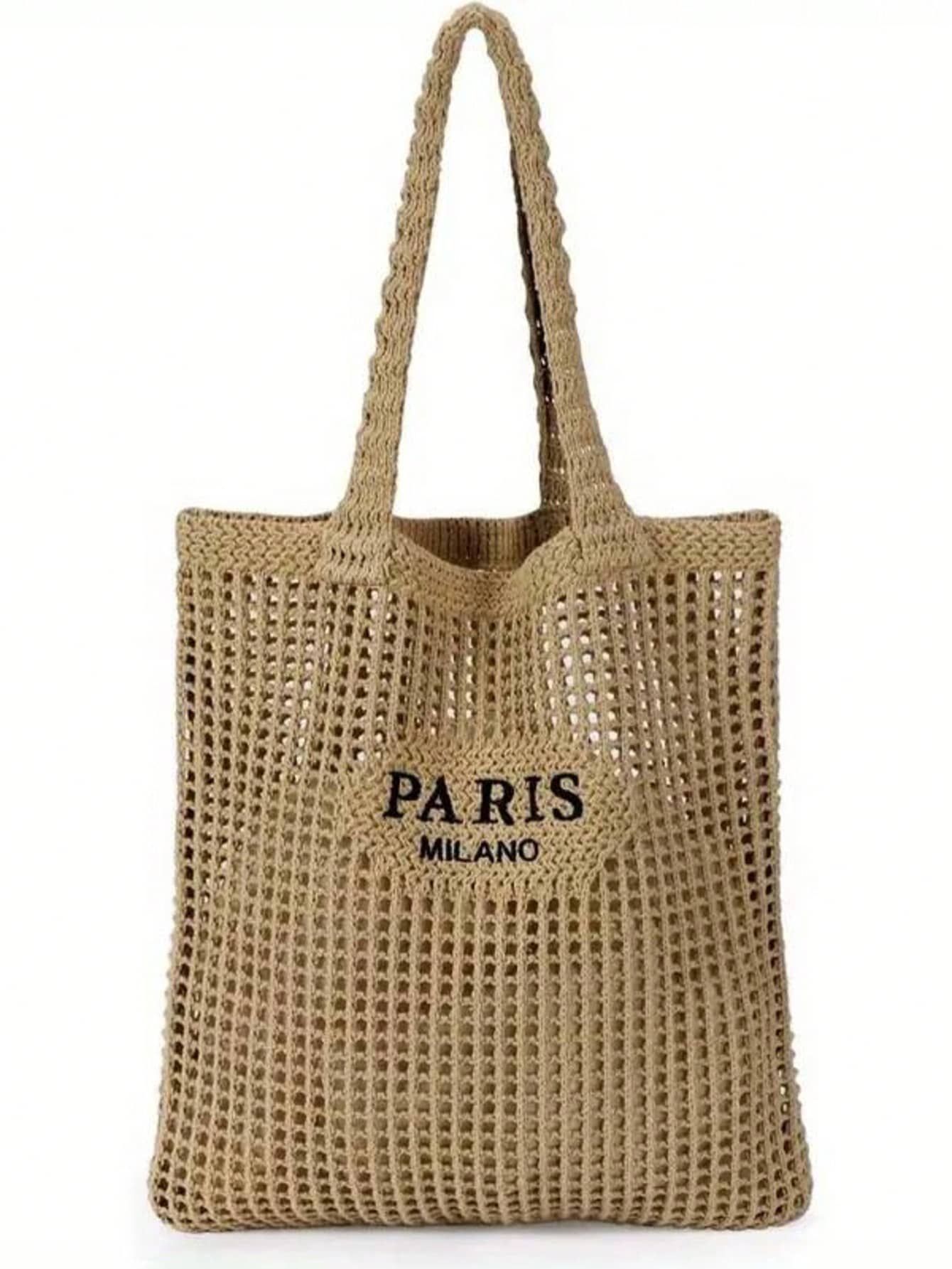 DAZY Knitted Shoulder Bag, Versatile Beach Tote Bag With Embroidered Hollow Letter Design, Casual Travel, Beach Bag,Straw Bag