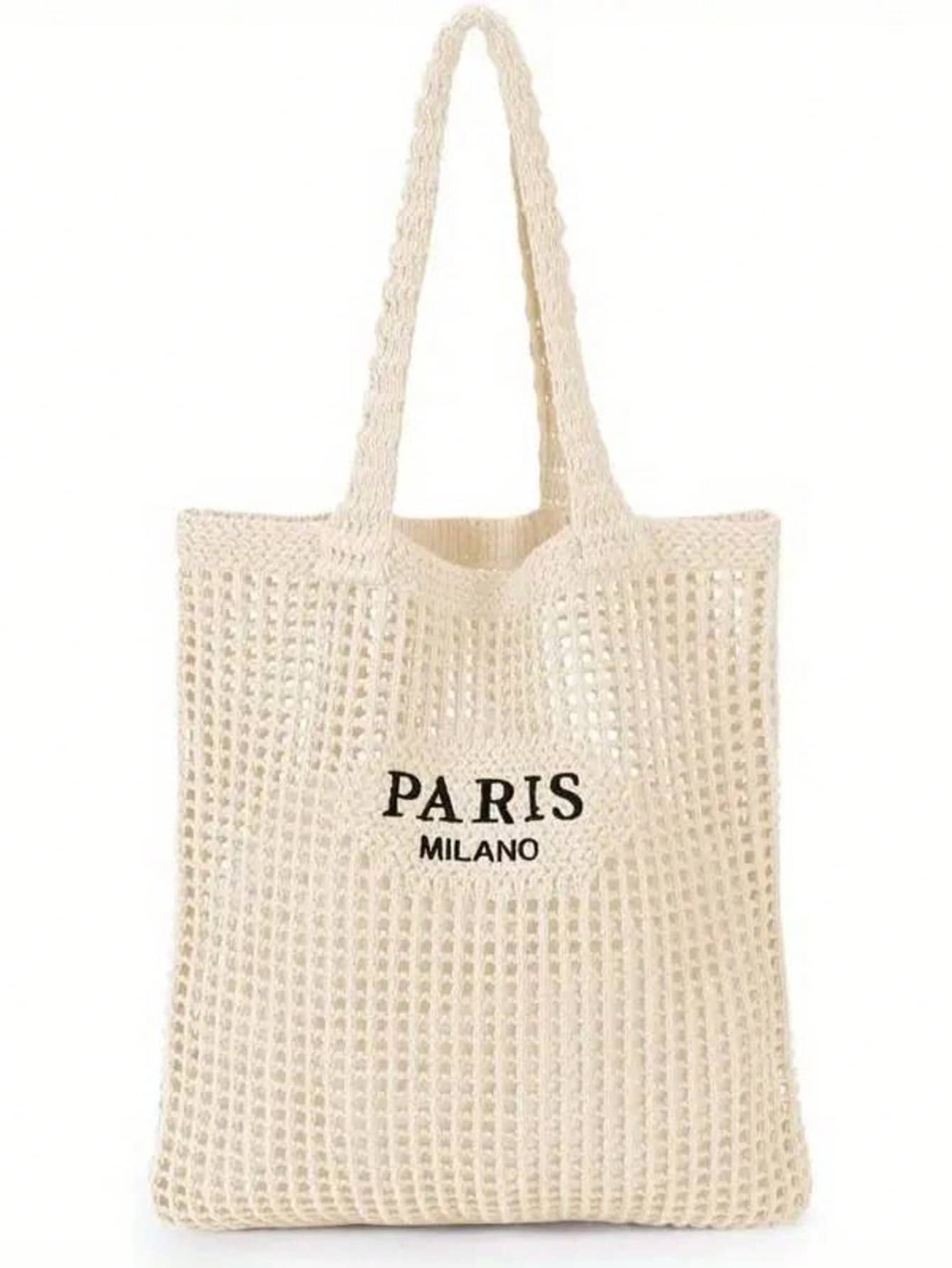 DAZY Knitted Shoulder Bag, Versatile Beach Tote Bag With Embroidered Hollow Letter Design, Casual Travel, Beach Bag,Straw Bag