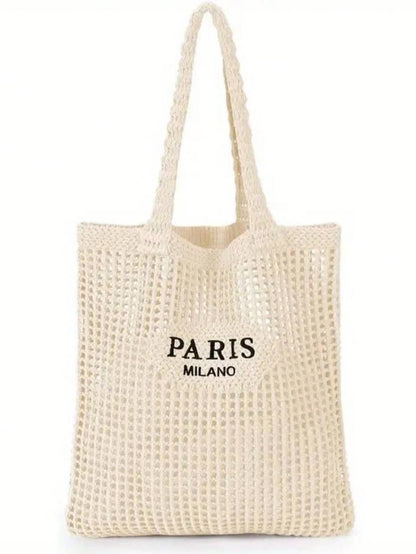 DAZY Knitted Shoulder Bag, Versatile Beach Tote Bag With Embroidered Hollow Letter Design, Casual Travel, Beach Bag,Straw Bag