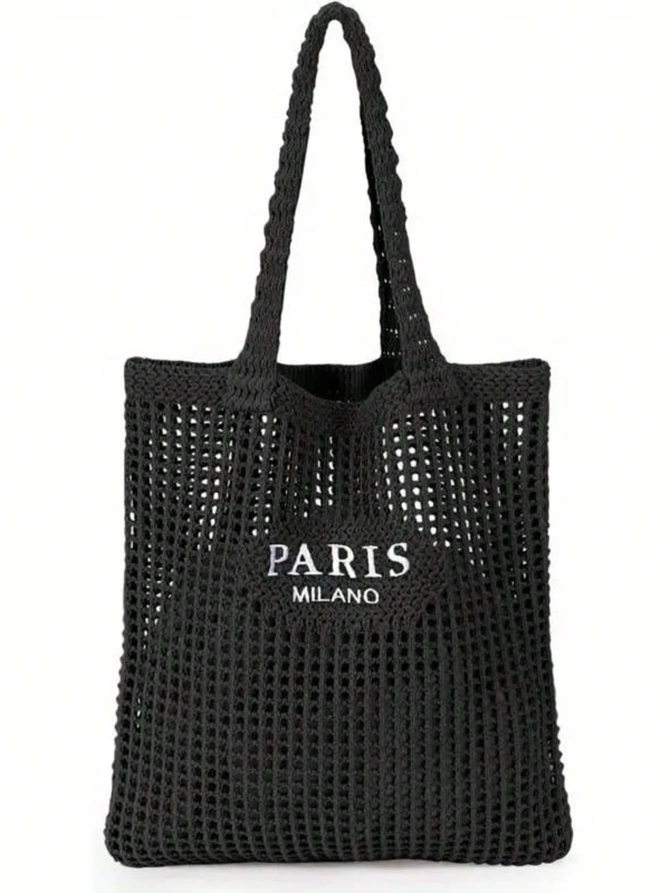 DAZY Knitted Shoulder Bag, Versatile Beach Tote Bag With Embroidered Hollow Letter Design, Casual Travel, Beach Bag,Straw Bag