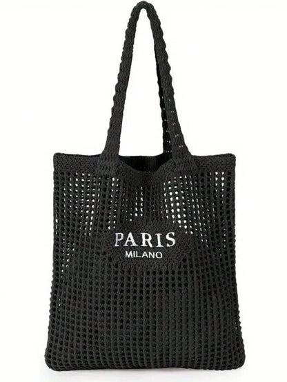 DAZY Knitted Shoulder Bag, Versatile Beach Tote Bag With Embroidered Hollow Letter Design, Casual Travel, Beach Bag,Straw Bag