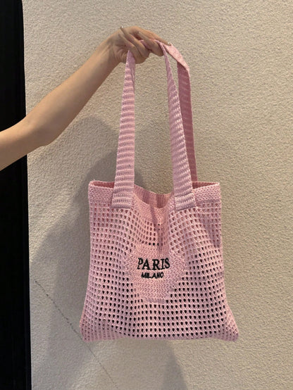 DAZY Knitted Shoulder Bag, Versatile Beach Tote Bag With Embroidered Hollow Letter Design, Casual Travel, Beach Bag,Straw Bag