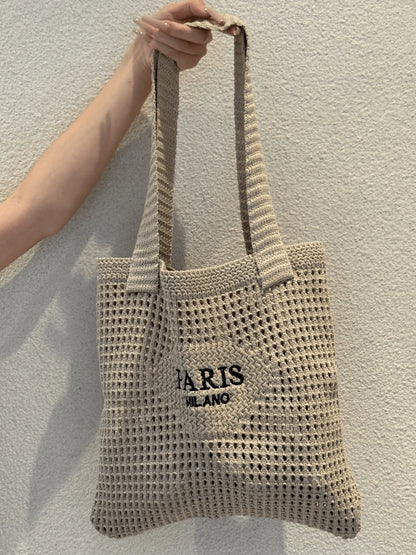 DAZY Knitted Shoulder Bag, Versatile Beach Tote Bag With Embroidered Hollow Letter Design, Casual Travel, Beach Bag,Straw Bag
