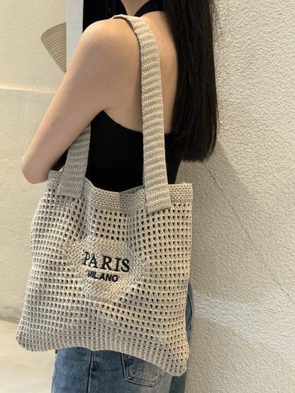 DAZY Knitted Shoulder Bag, Versatile Beach Tote Bag With Embroidered Hollow Letter Design, Casual Travel, Beach Bag,Straw Bag