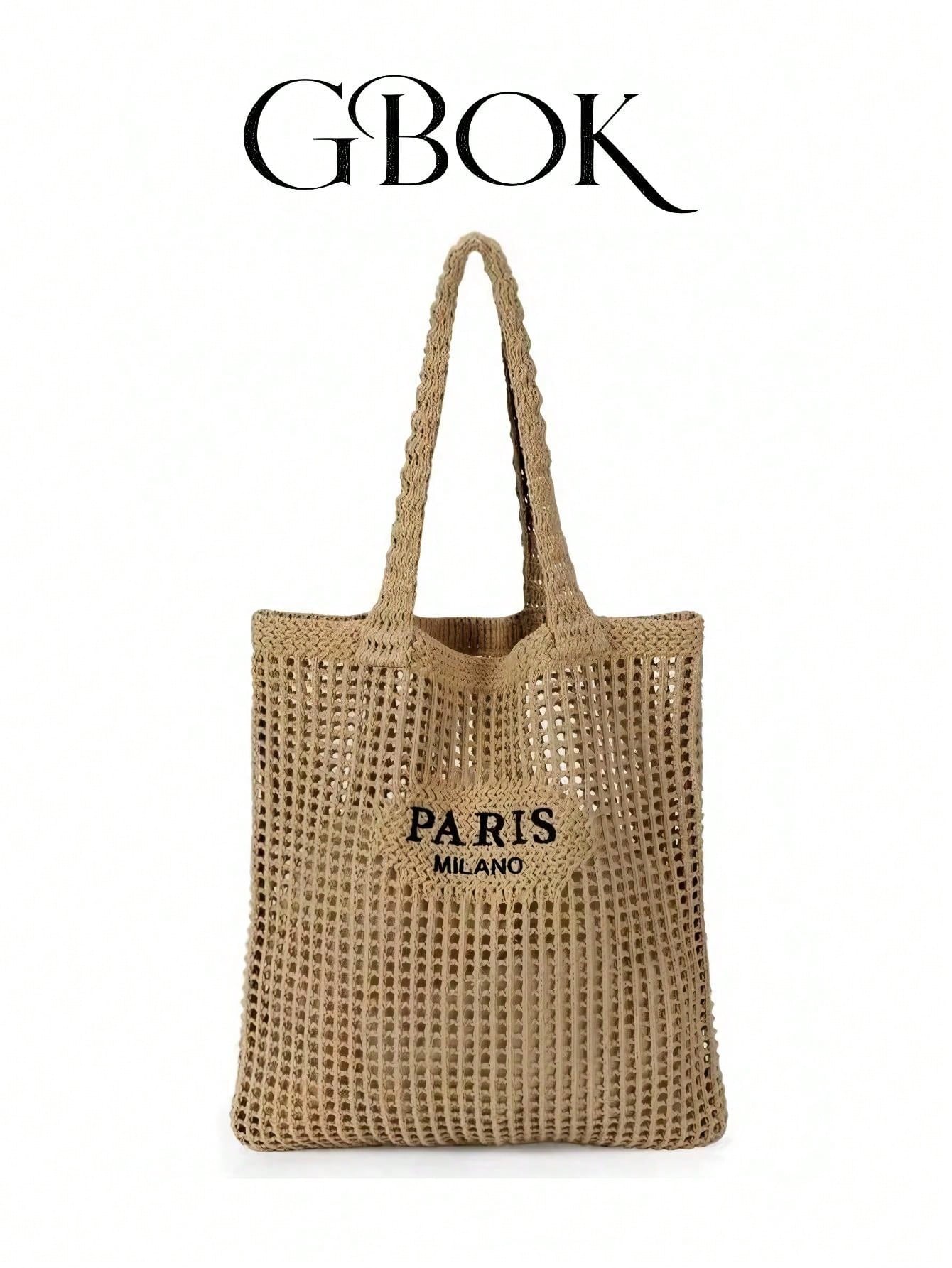 DAZY Knitted Shoulder Bag, Versatile Beach Tote Bag With Embroidered Hollow Letter Design, Casual Travel, Beach Bag,Straw Bag