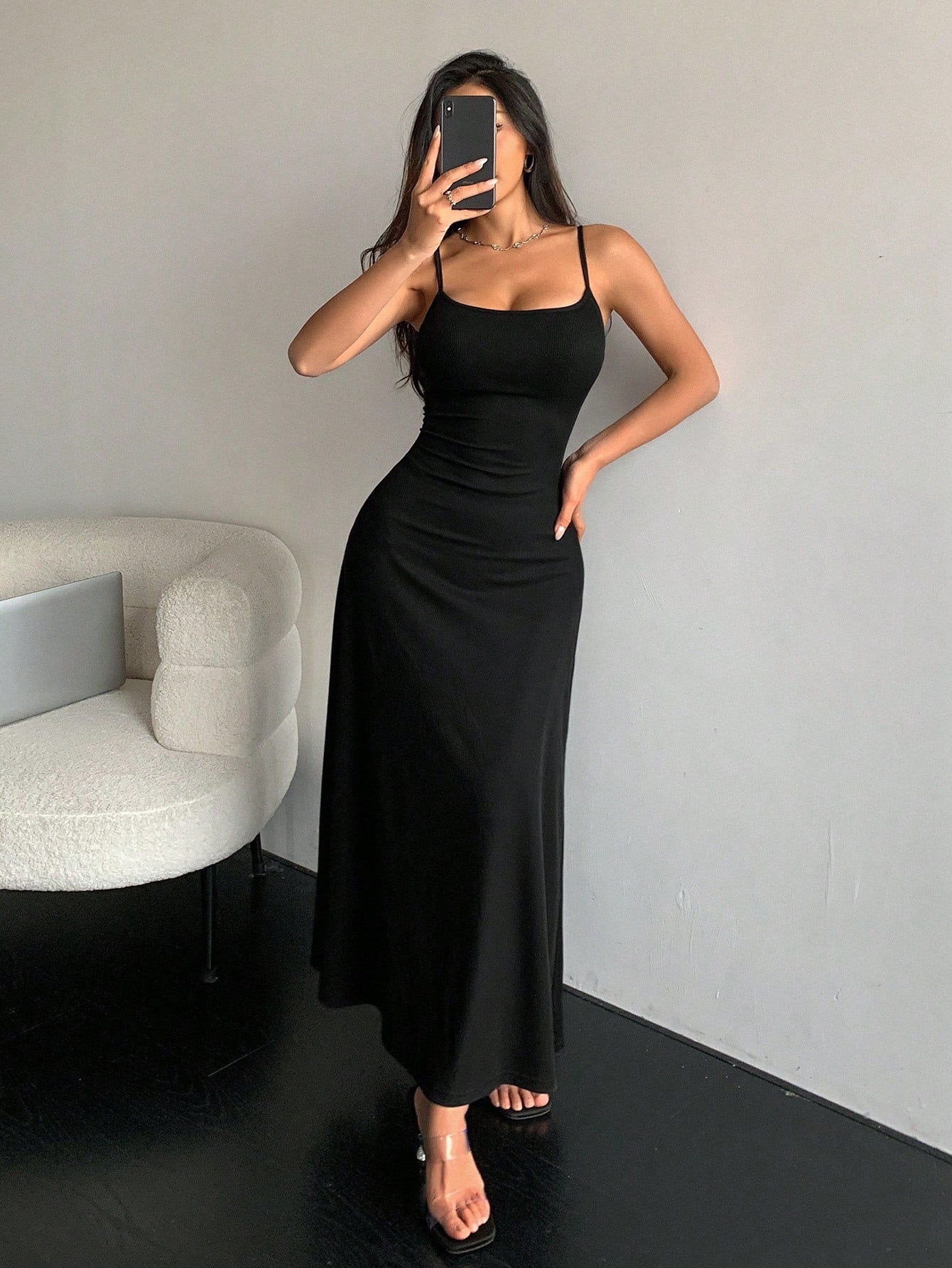 DAZY Solid Color Long Slim Fit Sleeveless Spaghetti Strap Dress With Waist Belt For Women Sundress Maxi Dress
