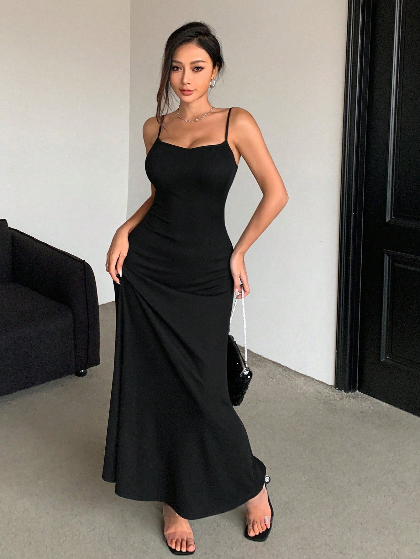 DAZY Solid Color Long Slim Fit Sleeveless Spaghetti Strap Dress With Waist Belt For Women Sundress Maxi Dress