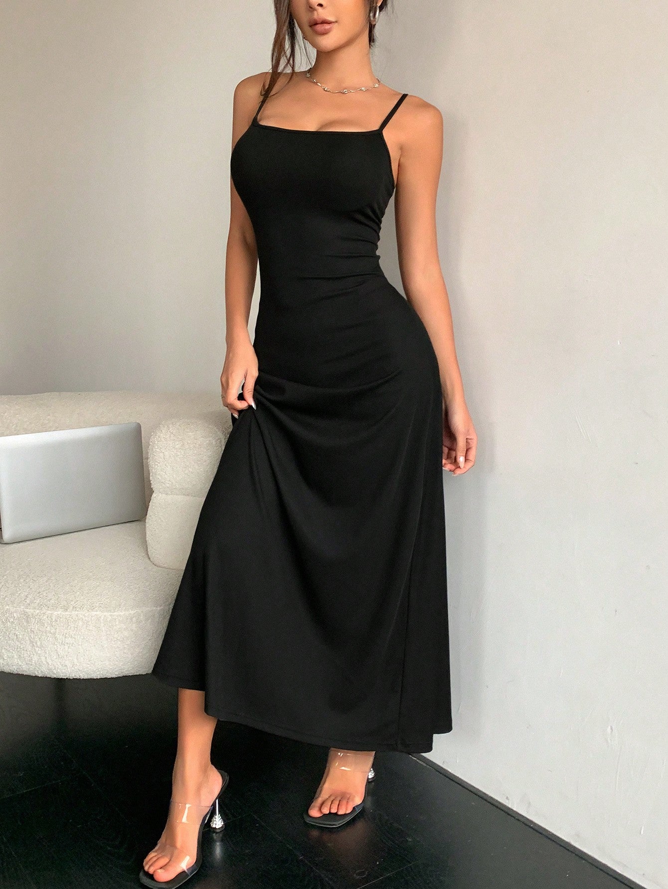 DAZY Solid Color Long Slim Fit Sleeveless Spaghetti Strap Dress With Waist Belt For Women Sundress Maxi Dress