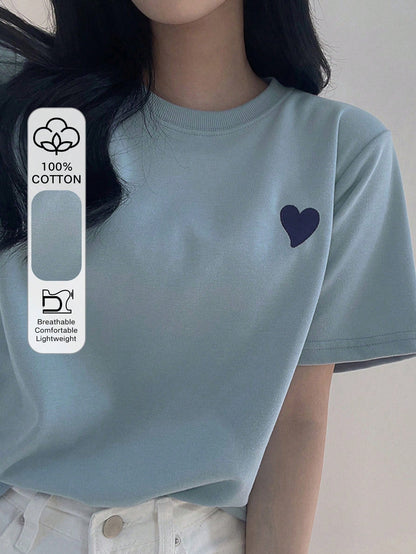 DAZY Women Round Neck Embroidered Color Block Heart Simple Pattern T-Shirt Cute Tops
