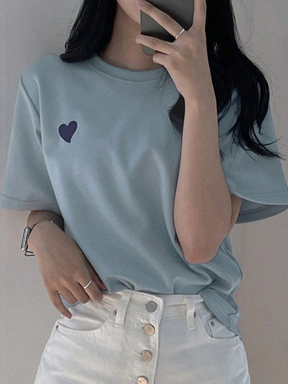 DAZY Women Round Neck Embroidered Color Block Heart Simple Pattern T-Shirt Cute Tops