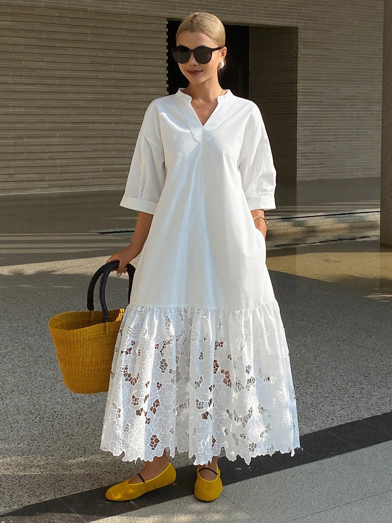 DAZY Women's Casual Lace Patchwork Stand Collar Long Shirt Dress, Spring/Summer,Wedding Guest Dress Women Sundress