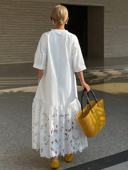 DAZY Women's Casual Lace Patchwork Stand Collar Long Shirt Dress, Spring/Summer,Wedding Guest Dress Women Sundress
