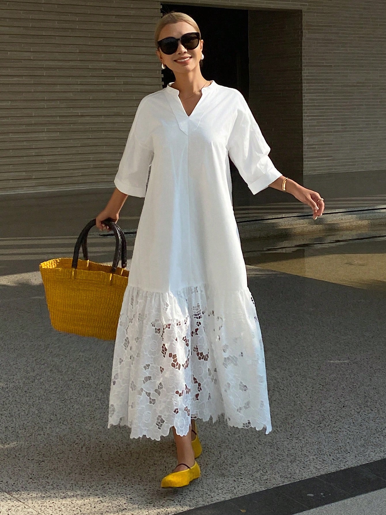 DAZY Women's Casual Lace Patchwork Stand Collar Long Shirt Dress, Spring/Summer,Wedding Guest Dress Women Sundress