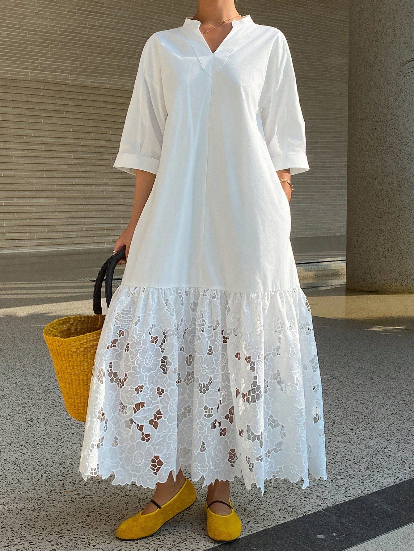 DAZY Women's Casual Lace Patchwork Stand Collar Long Shirt Dress, Spring/Summer,Wedding Guest Dress Women Sundress