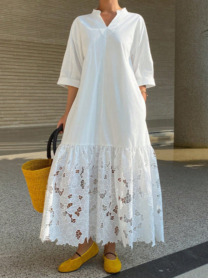 DAZY Women's Casual Lace Patchwork Stand Collar Long Shirt Dress, Spring/Summer,Wedding Guest Dress Women Sundress