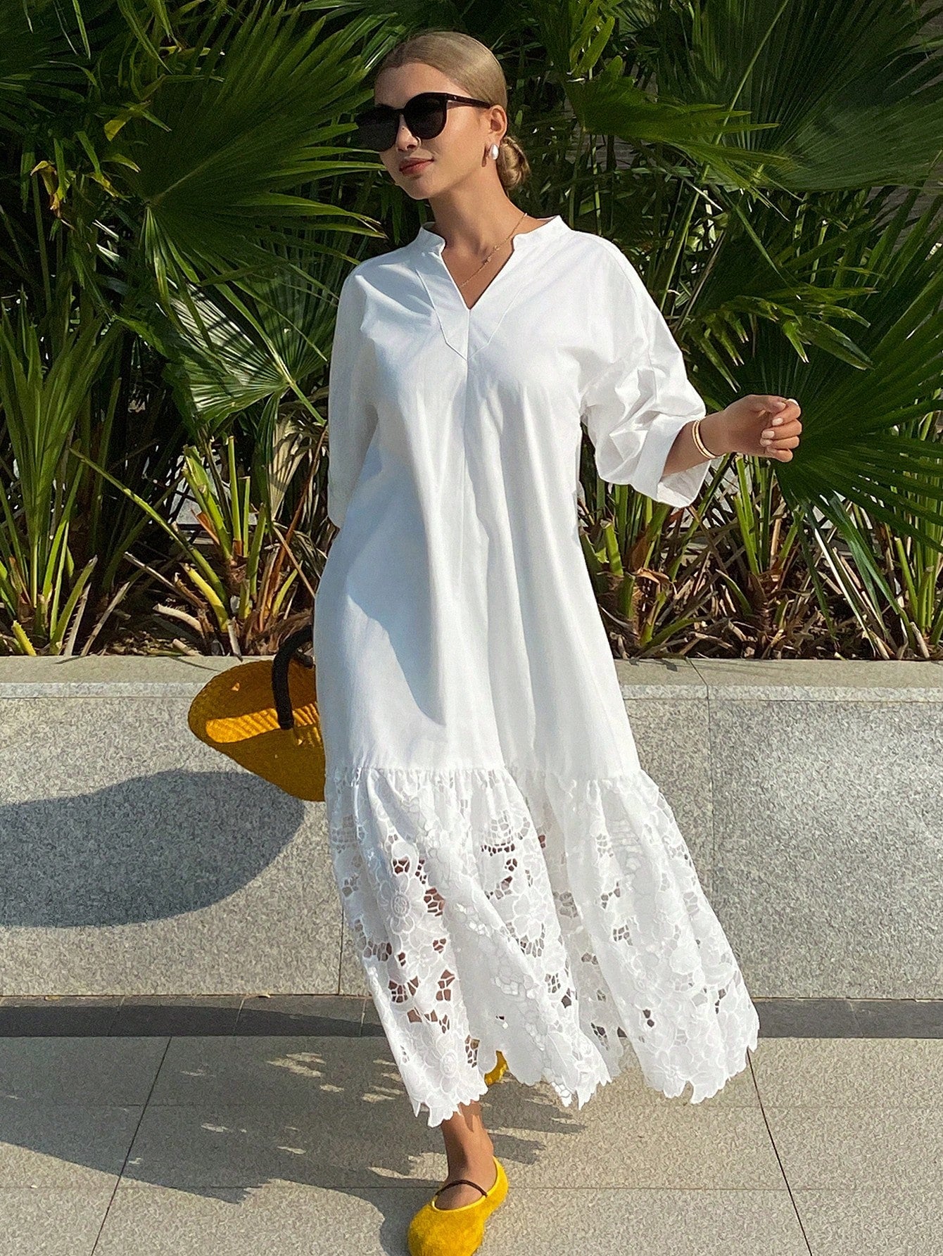 DAZY Women's Casual Lace Patchwork Stand Collar Long Shirt Dress, Spring/Summer,Wedding Guest Dress Women Sundress