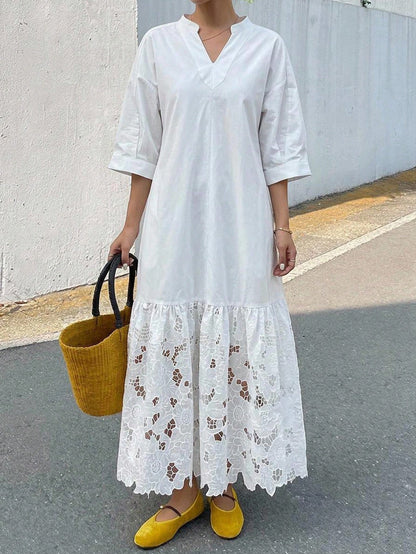 DAZY Women's Casual Lace Patchwork Stand Collar Long Shirt Dress, Spring/Summer,Wedding Guest Dress Women Sundress