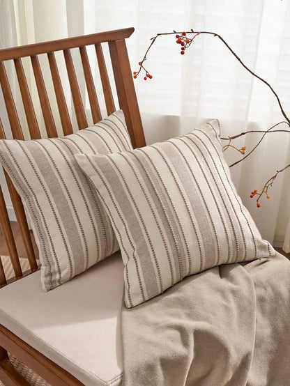 Decorative Bohemian Style Throw Pillow Cover, Farmhouse Texture Cushion Cover, 18 X 18 Inches, Suitable For Chair, Sofa, Bedroom, Living Room And Other Home Decor, Beige Striped (1 Piece, 2 Pieces Opt