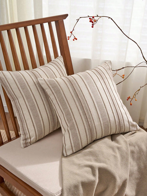 Decorative Bohemian Style Throw Pillow Cover, Farmhouse Texture Cushion Cover, 18 X 18 Inches, Suitable For Chair, Sofa, Bedroom, Living Room And Other Home Decor, Beige Striped (1 Piece, 2 Pieces Opt