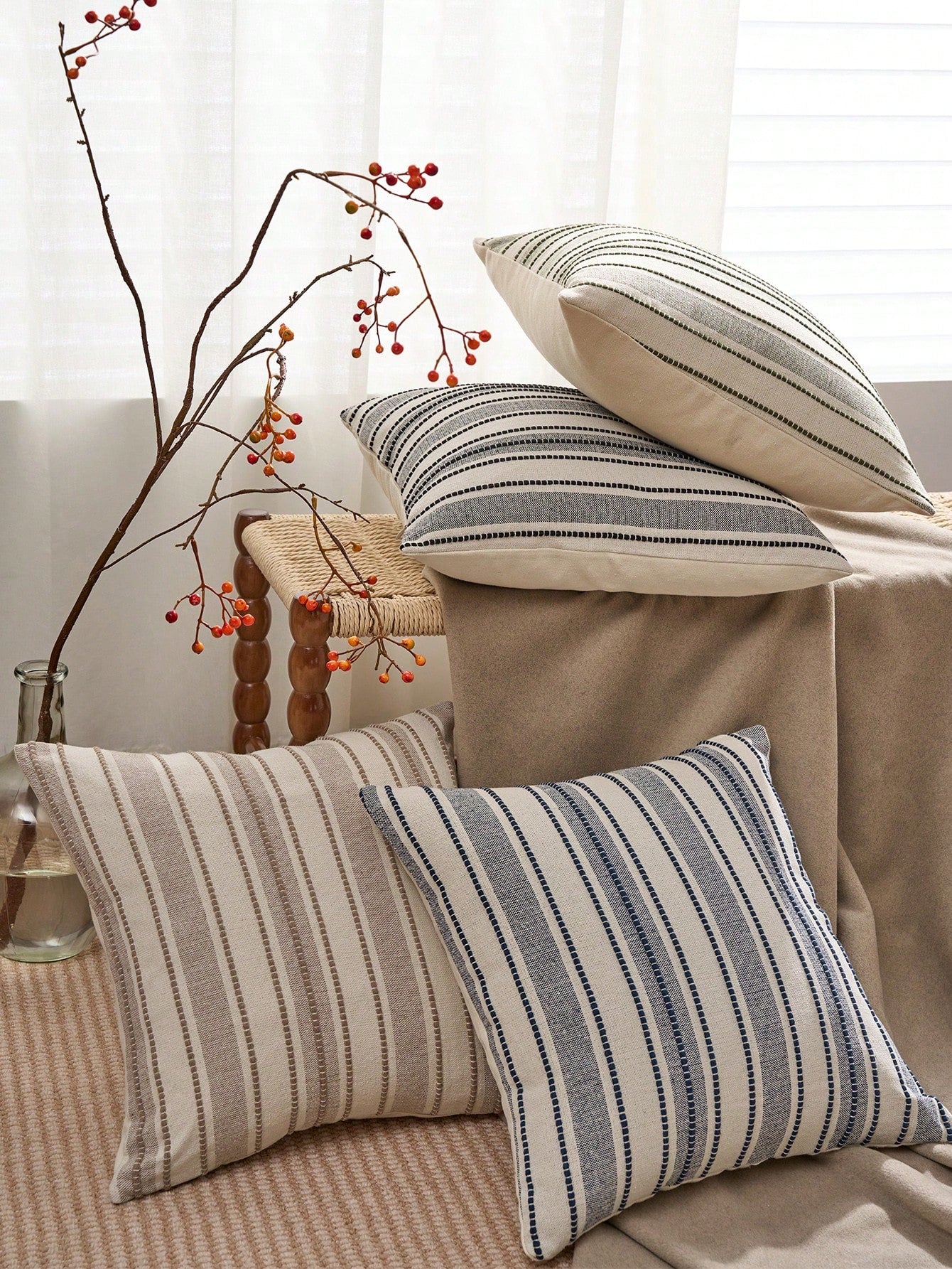 Decorative Bohemian Style Throw Pillow Cover, Farmhouse Texture Cushion Cover, 18 X 18 Inches, Suitable For Chair, Sofa, Bedroom, Living Room And Other Home Decor, Beige Striped (1 Piece, 2 Pieces Opt