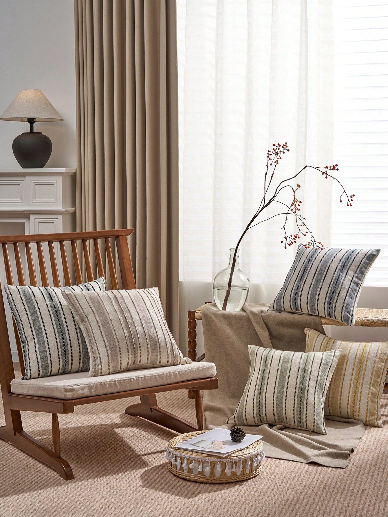Decorative Bohemian Style Throw Pillow Cover, Farmhouse Texture Cushion Cover, 18 X 18 Inches, Suitable For Chair, Sofa, Bedroom, Living Room And Other Home Decor, Beige Striped (1 Piece, 2 Pieces Opt