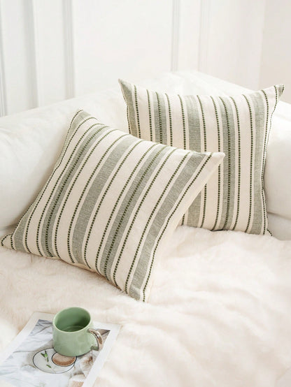Decorative Bohemian Style Throw Pillow Cover, Farmhouse Texture Cushion Cover, 18 X 18 Inches, Suitable For Chair, Sofa, Bedroom, Living Room And Other Home Decor, Beige Striped (1 Piece, 2 Pieces Opt