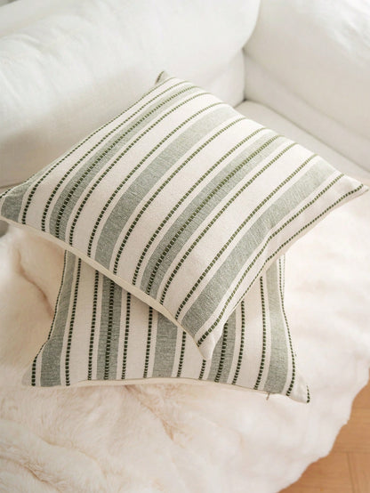 Decorative Bohemian Style Throw Pillow Cover, Farmhouse Texture Cushion Cover, 18 X 18 Inches, Suitable For Chair, Sofa, Bedroom, Living Room And Other Home Decor, Beige Striped (1 Piece, 2 Pieces Opt