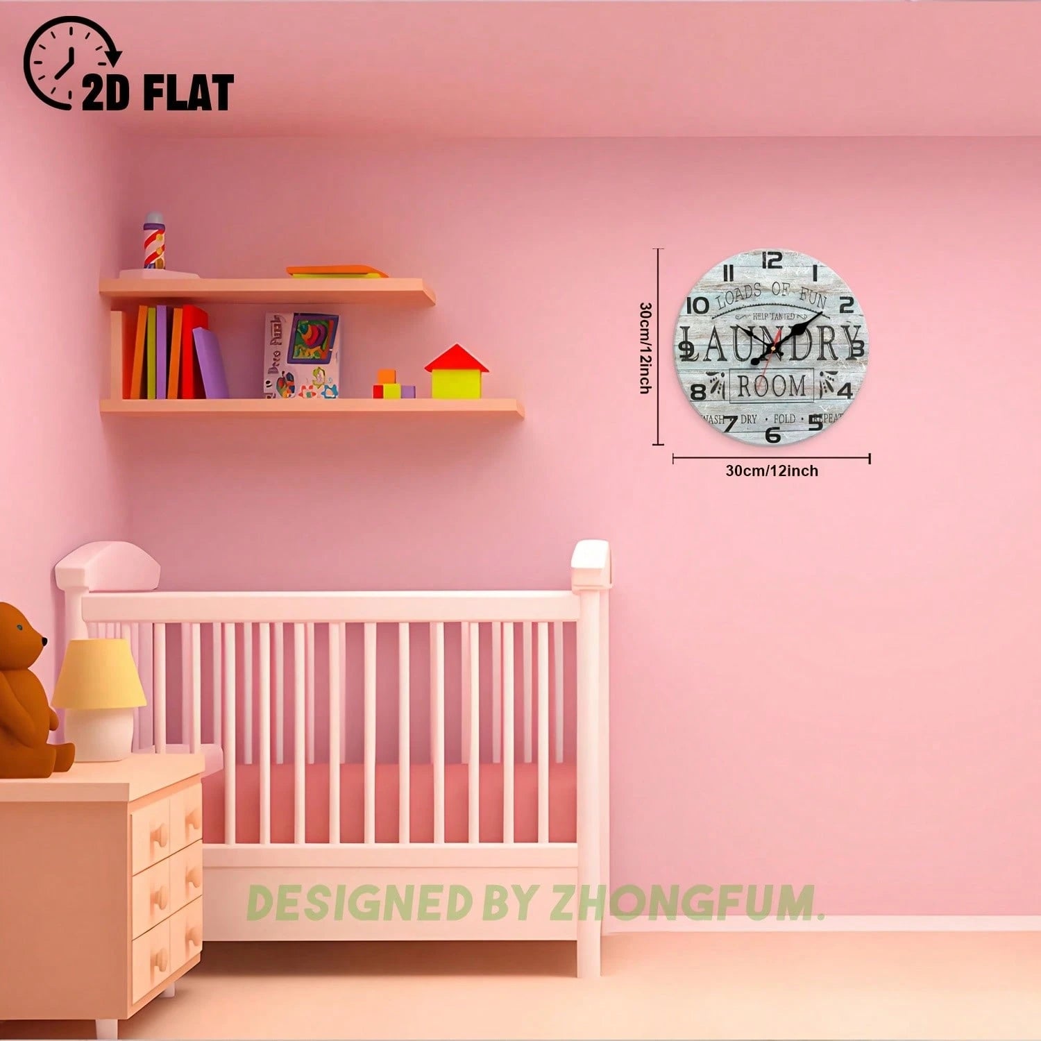 Decorative Wall Clock, Perfect For Entertainment And Laundry Rooms, Featuring A 2D Flat Wooden Design, Silent And Noiseless. Ideal For Classrooms