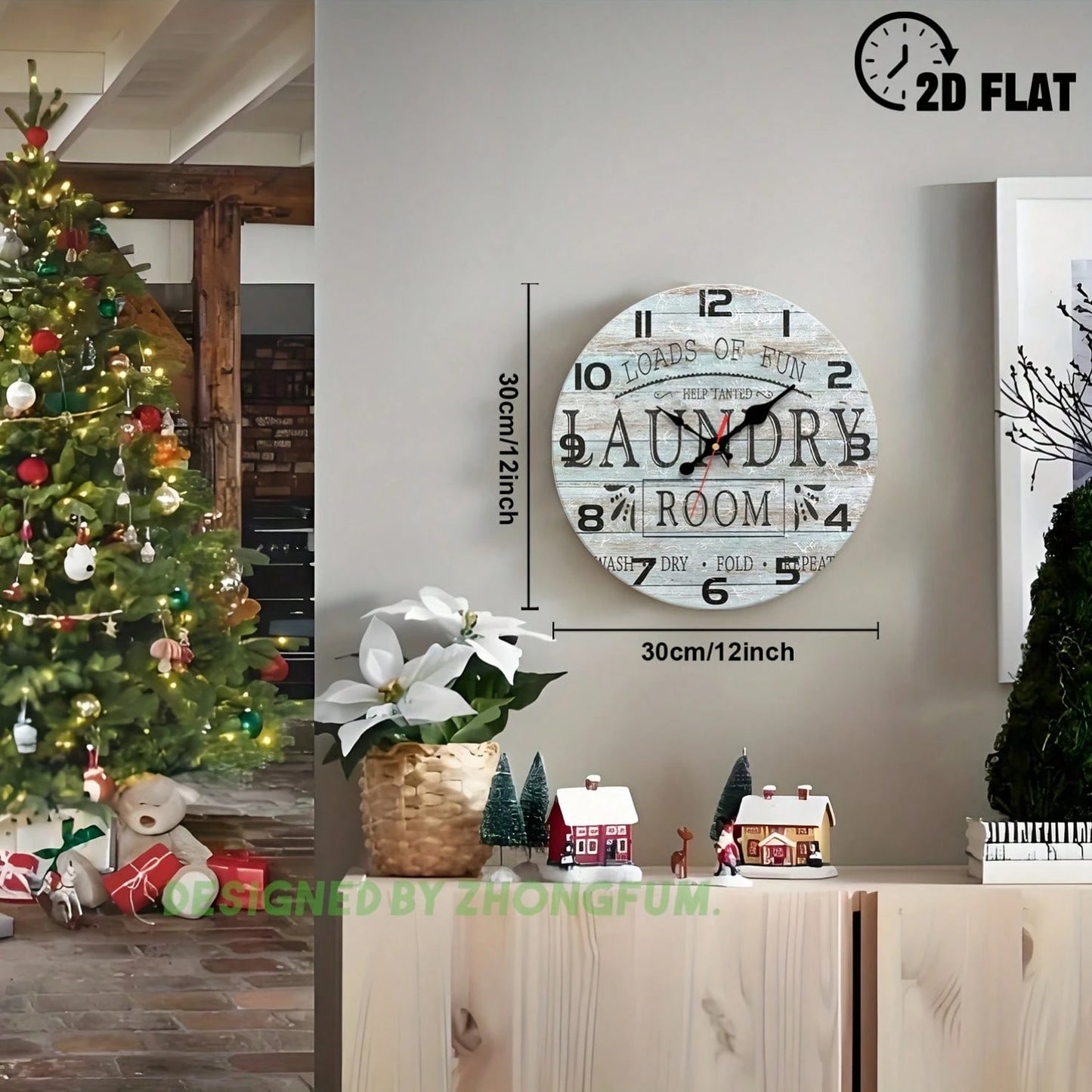 Decorative Wall Clock, Perfect For Entertainment And Laundry Rooms, Featuring A 2D Flat Wooden Design, Silent And Noiseless. Ideal For Classrooms