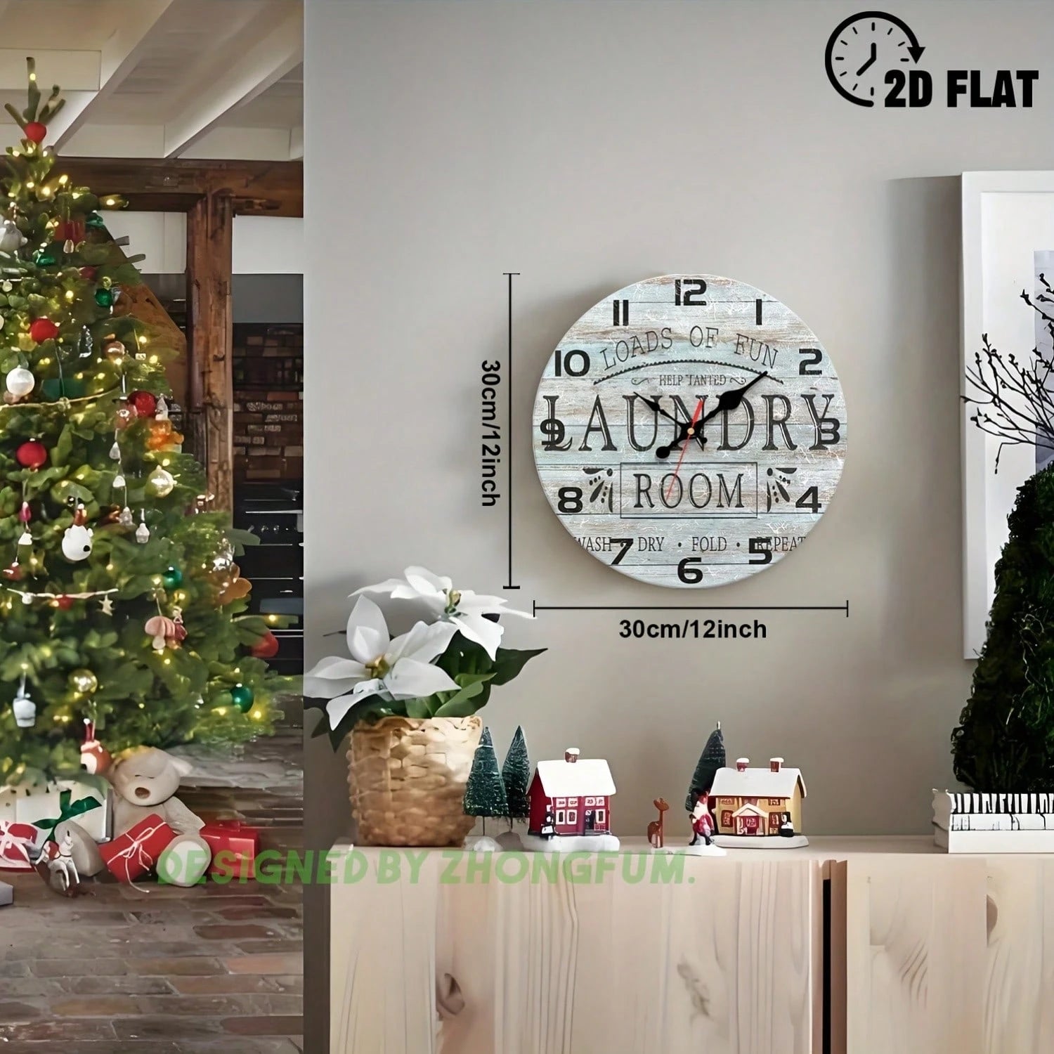 Decorative Wall Clock, Perfect For Entertainment And Laundry Rooms, Featuring A 2D Flat Wooden Design, Silent And Noiseless. Ideal For Classrooms