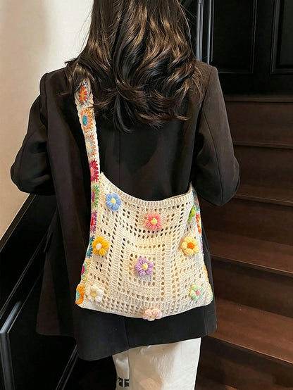 Dedoo Bohemian Style Women's Handbag, Large Capacity Open-Top Tote,  (Flower Color/Position Random) (Strap Color/Pattern Random),Straw Bag