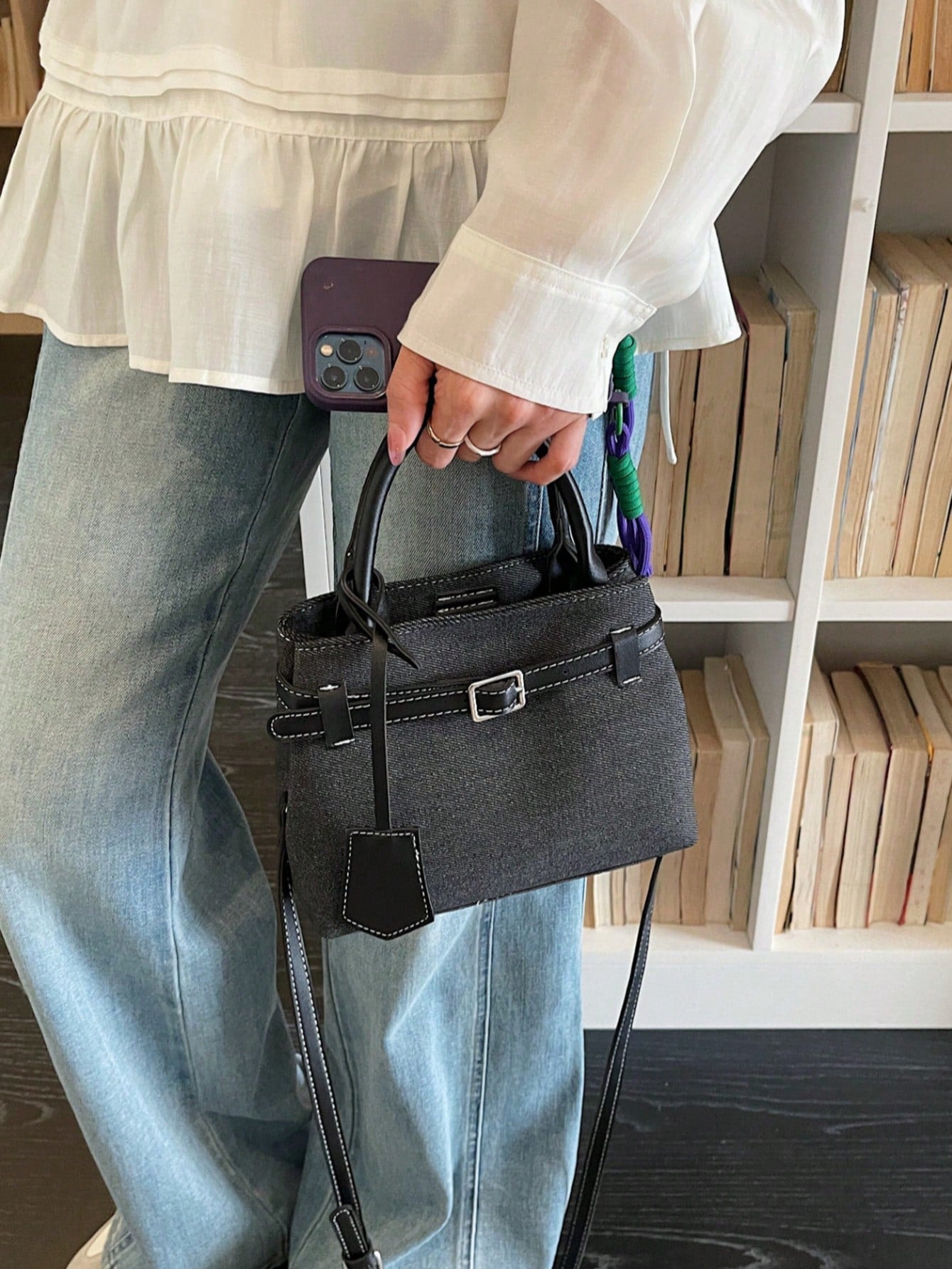 Dedoo Women's Colorblock Linen Mini Tote Handbag, Leather Buckle Detachable Shoulder Strap Vintage Crossbody Bag, Large Capacity, Campus Backpack, Suitable For University Campus