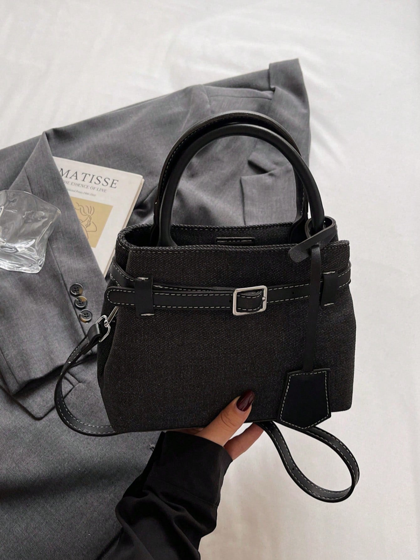 Dedoo Women's Colorblock Linen Mini Tote Handbag, Leather Buckle Detachable Shoulder Strap Vintage Crossbody Bag, Large Capacity, Campus Backpack, Suitable For University Campus