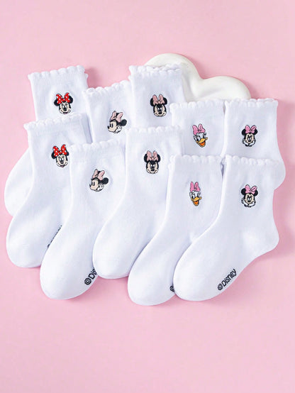 Disney 1/5/10 Pairs Mickey Minnie Daisy Cartoon Embroidered Mid-Calf Socks Set, White Socks, Boys & Girls Casual Socks, Children Socks, Toddler Socks, White Socks, Breathable Non-Slip Comfortable Soft
