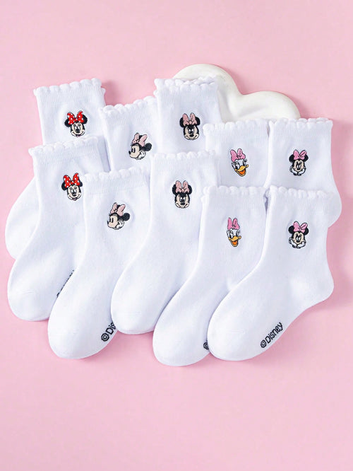 Disney 1/5/10 Pairs Mickey Minnie Daisy Cartoon Embroidered Mid-Calf Socks Set, White Socks, Boys & Girls Casual Socks, Children Socks, Toddler Socks, White Socks, Breathable Non-Slip Comfortable Soft